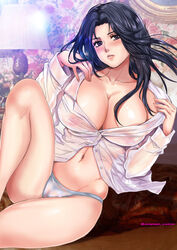  bed black_eyes black_hair blush breasts cleavage collarbone crotch_seam dress_shirt female highres huge_breasts keizoku_school_uniform kidou_keisatsu_patlabor knee_up lace-trimmed_panties lace_trim lamp leaning_to_the_side legs lips long_hair long_sleeves nagumo_shinobu navel nipples no_pants on_bed open_clothes open_shirt opened_by_self oyaman panties partially_unbuttoned pussy school_uniform see-through shirt sitting solo twitter_username underwear white_panties white_shirt wing_collar 