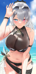  absurdres adjusting_eyewear aether_gazer arm_strap arm_up beach bikini black_bikini blue_eyes blush breasts closed_mouth cloud cowboy_shot day earrings eyes_visible_through_hair eyewear_on_head female grey_hair hair_between_eyes heterochromia highres jewelry kotachi_(aether_gazer) large_breasts li_zhiheng long_hair navel outdoors red_eyes solo standing stomach sunglasses swimsuit wet 