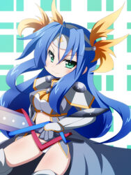  armor blue_hair blush boobplate breasts cape closed_mouth commentary_request feet_out_of_frame female gauntlets green_eyes grey_cape hair_between_eyes highres holding holding_sword holding_weapon large_breasts long_hair looking_at_viewer oborotsuki_kakeru panties parted_bangs pauldrons ragnarok_online rune_knight_(ragnarok_online) shoulder_armor smile solo sword underwear visor_(armor) weapon white_panties 