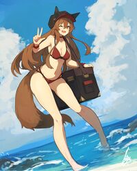  ;d animal_ears barefoot beach bikini blue_sky breasts brown_eyes brown_hair choker cleavage cloud day dutch_angle fake_animal_ears female full_body hair_between_eyes highres lansane leaning_forward long_hair medium_breasts navel ocean oerba_yun_fang one_eye_closed open_mouth original outdoors pigeon-toed red_bikini shallow_water sidelocks signature skin_fang sky smile solo standing swimsuit tail tall tsana_(lansane) v wading water wet wolf_ears wolf_tail 