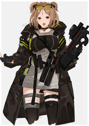  artist_name black_choker black_gloves black_jacket black_thighhighs breasts buckle bullpup choker collarbone commission double_bun eyewear_on_head feet_out_of_frame female gas_mask girls&#039;_frontline gloves gun hair_bun highres holding holding_weapon jacket light_brown_hair looking_at_viewer mask medium_breasts medium_hair open_clothes open_jacket open_mouth p90 p90_(girls&#039;_frontline) partially_fingerless_gloves pixiv_commission red_eyes snap-fit_buckle solo standing submachine_gun sutekina_awa thighhighs weapon white_background 