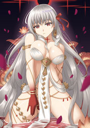  armlet bare_shoulders belly_chain blush body_markings bracelet breasts cleavage collarbone colored_skin durga_(fate) earrings facial_mark fate/grand_order fate_(series) female flower gradient_skin grey_hair hair_ribbon highres jewelry large_breasts long_hair looking_at_viewer pelvic_curtain petals red_eyes red_skin revealing_clothes ribbon sano_souichi sash snake solo thighs thumb_ring very_long_hair wading water 