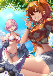  2girls absurdres ahoge bare_shoulders beach bikini blue_sky breasts cleavage collarbone day dydydyok eyewear_on_head fate/grand_order fate_(series) floral_print fou_(fate) front-tie_bikini_top front-tie_top fujimaru_ritsuka_(female) fujimaru_ritsuka_(female)_(tropical_summer) grey_jacket grin hair_ornament hair_over_one_eye hair_scrunchie hairclip hawaiian_shirt highres jacket large_breasts light_purple_hair long_sleeves looking_at_viewer mash_kyrielight mash_kyrielight_(swimsuit_of_perpetual_summer) medium_breasts midriff multiple_girls navel off_shoulder official_alternate_costume one_side_up open_mouth orange_eyes orange_hair outdoors pink_hair purple_eyes red_shirt revision scrunchie shirt short_hair short_shorts short_sleeves shorts side-tie_bikini_bottom side_ponytail sky smile sunglasses swimsuit thighs tied_shirt v white_bikini white_shorts 