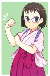  blue-framed_eyewear blue_eyes blush bras_d&#039;honneur brown_hair clenched_hand daisan_hikou_shoujo-tai female flexing glasses green_background hakama hakama_skirt hand_on_own_arm highres iguchi_yumi japanese_clothes looking_at_viewer oza_watto pose red_hakama shirobako short_hair short_sleeves skirt smile solo standing 