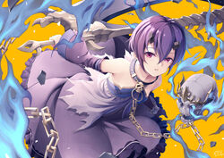  bare_shoulders black_horns chains collar commentary detached_sleeves dress female frills gloves hair_between_eyes highres holding holding_sword holding_weapon horns looking_at_viewer princess_connect! purple_dress purple_hair red_eyes shinobu_(princess_connect!) short_hair single_glove skull solo sword torn_clothes weapon yellow_background yoshino_ryou 