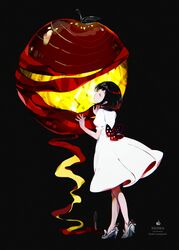  apple black_background black_hair character_name closed_eyes commentary_request dated dress female food fruit full_body happy_birthday high_heels highres mifa24 oversized_food oversized_object puffy_short_sleeves puffy_sleeves short_hair short_sleeves simple_background solo standing white_dress white_footwear yamiguchi_houko zaregoto_series 