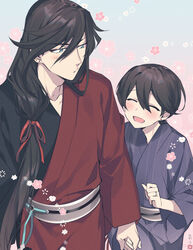  2boys ^_^ black_hair blue_eyes blush closed_eyes commentary_request earrings flower hair_ribbon hebino_rai holding_hands horikawa_kunihiro izumi-no-kami_kanesada japanese_clothes jewelry kimono male_focus multiple_boys open_mouth ribbon ring smile stud_earrings touken_ranbu yaoi yukata 