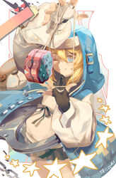  1boy black_gloves blonde_hair blue_eyes blue_jacket bridget closed_mouth cuffs dizzieskizze drawstring fingerless_gloves gloves guilty_gear guilty_gear_strive habit hair_between_eyes handcuffs highres hood hood_up hoodie jacket long_hair looking_at_viewer male_focus medium_hair meme one_eye_closed otoko_no_ko oversized_object pleated_skirt shaded_face signature simple_background skirt smile solo star_(symbol) string_play_spider_baby_(meme) white_background yo-yo 