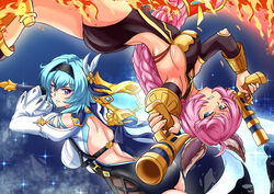  2girls aiming aiming_at_viewer animal_ears aqua_hair ass atawatsho bare_back blue_eyes braid breasts commentary crossover dual_wielding english_commentary eula_(genshin_impact) fighting_stance fire from_behind genshin_impact granblue_fantasy greatsword grey_eyes gun hair_between_eyes hair_ornament hairband handgun highres holding holding_sword holding_weapon ice long_hair looking_at_viewer low_ponytail multiple_girls purple_hair satou_rina short_hair sideboob sidelocks smile song_of_broken_pines_(genshin_impact) sword tien_(granblue_fantasy) trigger_discipline upside-down voice_actor_connection weapon 