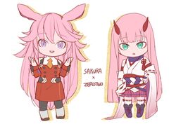  2girls :d :o animal_ears bare_shoulders black_pants boots chungyun_high cosplay costume_switch crossover darling_in_the_franxx fox_ears fox_mask full_body green_eyes highres honkai_(series) honkai_impact_3rd horns jacket japanese_clothes kimono long_hair long_sleeves mask miko military military_uniform multiple_girls open_clothes pants pink_eyes pink_hair pink_skirt purple_footwear red_jacket simple_background skirt smile thighhighs uniform white_background white_kimono white_legwear yae_sakura yae_sakura_(gyakushinn_miko) yae_sakura_(gyakushinn_miko)_(cosplay) zero_two_(darling_in_the_franxx) zero_two_(darling_in_the_franxx)_(cosplay) 