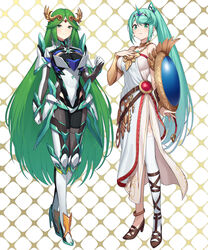  2girls absurdres armlet armor asymmetrical_footwear bare_shoulders belt blush breasts chest_jewel cleavage cosplay costume_switch dress earrings forehead_jewel gem gloves green322 green_eyes green_hair hair_ornament headpiece high_heels highres jewelry kid_icarus kid_icarus_uprising large_breasts laurel_crown long_hair looking_at_viewer mismatched_footwear multiple_belts multiple_girls necklace palutena palutena_(cosplay) pendant pneuma_(xenoblade) pneuma_(xenoblade)_(cosplay) ponytail sandals side_slit simple_background single_thighhigh smile strapless strapless_dress swept_bangs thighhighs tiara vambraces very_long_hair xenoblade_chronicles_(series) xenoblade_chronicles_2 