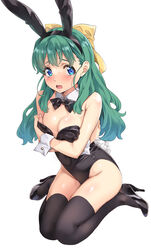  alternate_costume animal_ears bare_shoulders black_bow black_footwear black_leotard black_thighhighs blue_eyes blush bow bowtie breasts covering_breasts covering_privates detached_collar embarrassed fake_animal_ears female full_body green_hair groin hairbow high_heels highleg highleg_leotard highres legs leotard long_hair looking_at_viewer nagayori onegai_twins onodera_karen open_mouth playboy_bunny rabbit_ears rabbit_tail self_hug sitting strapless strapless_leotard tail tareme thighhighs thighs undersized_breast_cup wariza white_background wrist_cuffs yellow_bow 