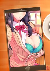  1girls black_hair blue_bra bra classroom cleavage color desk dusk fire_emblem flashing kissy_face naughty_face nintendo open_shirt oribe_tsubasa phone phone_screen picture plaid_skirt revolverwingstudios schoolgirl selfie shirt shirt_open skirt solo solo_female suggestive sweater tokyo_mirage_sessions_#fe window 