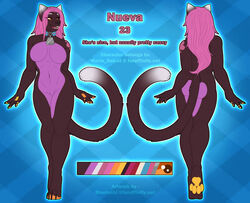  anthro ass bell bell_collar black_body black_fur bluetashi breasts character_name clubs_(marking) clubs_(suit) collar color_swatch dipstick_ears dipstick_tail domestic_cat ear_markings fangs felid feline felis female fingerpads fur hair mammal markings medium_breasts model_sheet multicolored_ears nueva_delcatte open_mouth orange_eyes orange_pawpads pawpads pink_body pink_fur pink_hair solo suit_symbol tail tail_markings teeth tongue white_ear_tips white_tail_tip yellow_pawpads 