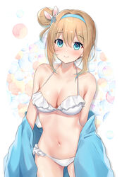  absurdres bikini blue_eyes blue_hair blue_hairband blue_jacket blush breasts brown_hair cleavage closed_mouth commentary_request cowboy_shot female frilled_bikini frills girls&#039;_frontline gradient_hair gyozanuko hair_bun hair_ornament hairband highres jacket medium_breasts multicolored_background multicolored_hair navel official_alternate_costume one_side_up open_clothes open_jacket rabbit_hair_ornament sidelocks single_hair_bun smile snowflake_hair_ornament solo stomach suomi_(girls&#039;_frontline) suomi_(midsummer_pixie)_(girls&#039;_frontline) swimsuit white_bikini 