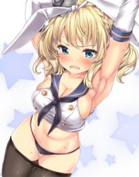  armpits arms_up bad_id bad_nicoseiga_id black_neckerchief black_panties black_pantyhose blonde_hair blue_eyes blush braid breasts capelet clothes_pull colorado_(kancolle) commentary_request cosplay cowboy_shot crop_top crying crying_with_eyes_open elbow_gloves female french_braid gloves hair_ribbon hairband highres kantai_collection large_breasts looking_at_viewer navel neckerchief nijimoto_hirok open_mouth panties pantyhose pantyhose_pull ribbon sailor_collar school_uniform serafuku shimakaze_(kancolle) shimakaze_(kancolle)_(cosplay) short_hair sidelocks skindentation solo star_(symbol) sweat tears underwear white_gloves white_ribbon 