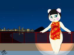  2021 4:3 animal_crossing anthro bear black_hair blue_eyes blush breasts building city cityscape clothed clothing female fur hair light looking_at_viewer mammal medium_breasts night nintendo nonyammychoko outside pekoe_(animal_crossing) shaded signature sky smile solo standing star white_body white_fur wide_hipped_female wide_hips 