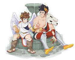  2boys :t ancient_greek_clothes angel_wings barefoot belt black_hair black_sclera blue_eyes brown_hair colored_sclera commentary crossover eating english_commentary food fountain french_fries greco-roman_clothes green_eyes gyro hades_(series) hades_1 heterochromia highres ice_cream ice_cream_cone jamie_loughran kid_icarus laurel_crown male_focus mismatched_sclera multiple_boys pit_(kid_icarus) red_eyes sandals shawarma shorts single_bare_shoulder sitting skull wings wrap_(food) zagreus_(hades) 