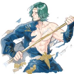  1boy abs bare_pectorals beard circlet closed_mouth commentary_request facial_hair fire_emblem fire_emblem:_three_houses fire_emblem_heroes green_hair highres holding holding_weapon looking_afar male_focus nipples nitako pectorals polearm seteth_(fire_emblem) simple_background solo torn_clothes upper_body weapon white_background 