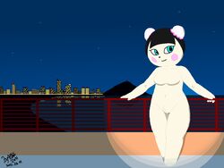  2021 4:3 animal_crossing anthro bear black_hair blue_eyes blush breasts building city cityscape featureless_breasts featureless_crotch female fur hair light looking_at_viewer mammal medium_breasts navel night nintendo nonyammychoko nude outside pekoe_(animal_crossing) shaded signature sky smile solo standing star white_body white_fur wide_hipped_female wide_hips 