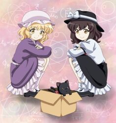  2girls bad_id bad_pixiv_id bakeneko black_cat black_footwear black_headwear black_skirt blonde_hair bobby_socks bow brown_hair closed_mouth commentary_request dress fedora feline frilled_dress frilled_skirt frills full_body hat hat_bow hat_ribbon highres kaenbyou_rin kaenbyou_rin_(cat) lunamoon_(style) maribel_hearn mary_janes math mob_cap multiple_girls neck_ribbon purple_dress red_ribbon remyfive ribbon schrodinger&#039;s_cat shirt shoes short_hair simple_background skirt smile socks squatting touhou usami_renko wavy_hair white_headwear white_legwear white_shirt yellow_eyes 