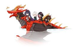  1boy 3girls black_hair brown_hair closed_eyes cloud_ya dragon dragon_wings hair_between_eyes highres honkai_(series) honkai_impact_3rd hood horns jackal_(honkai_impact) kevin_kaslana kurikara_(honkai_impact) long_hair mask mask_on_head multiple_girls raiden_mei raiden_mei_(herrscher_of_thunder) raven_(honkai_impact) rowing simple_background sweat too_literal water white_background white_hair wings 