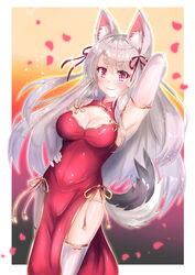  animal_ears arm_up armpits azur_lane bare_shoulders breasts china_dress chinese_clothes cleavage cocoasabure commentary_request cowboy_shot dog_ears dog_girl dog_tail dress elbow_gloves female gloves gold_trim grey_hair hand_on_own_hip highres large_breasts long_hair looking_at_viewer panties pelvic_curtain pink_eyes red_dress revision sleeveless sleeveless_dress smile solo tail thick_eyebrows thighhighs thighs underwear white_gloves white_panties white_thighhighs yuudachi_(azur_lane) 