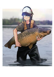  animal baseball_cap black_hair blush border carp day female fish glasses green_shirt hat holding holding_animal holding_fish houkago_teibou_nisshi lake long_hair oono_makoto opaque_glasses outdoors pants shirt sidelocks smile solo suspenders timmyyen wading water white_border 