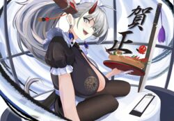  absurdly_long_hair absurdres apron asymmetrical_horns azur_lane bad_id bad_pixiv_id black_dress breasts brown_pantyhose center_opening dress earrings female from_side gloves grey_eyes grey_hair hakuryuu_(azur_lane) hakuryuu_(slice_dice_and_serve)_(azur_lane) half_gloves highres holding holding_tray horns jewelry large_breasts long_hair looking_at_viewer mikai_2035 mismatched_horns multiple_horns official_alternate_costume open_mouth pantyhose puffy_short_sleeves puffy_sleeves red_horns short_sleeves solo sword tray very_long_hair weapon white_apron white_gloves 