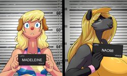  2023 5:3 anthro armband barbie_and_ken_mugshot_meme big_breasts black_body black_fur blonde_hair blue_eyes breasts canid canine canis clothed clothing domestic_dog duo eyebrow_through_hair eyebrows eyelashes female fingers fur green_eyes grey_body grey_fur hair huge_breasts long_hair mammal mature_anthro mature_female mrs._hudson multicolored_body multicolored_fur naomi_rasputin nightfaux procyonid raccoon tan_body tan_fur translucent translucent_hair 