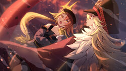  2girls alchemy_stars ashes belt black_headwear blonde_hair brown_eyes cape collarbone commentary_request dusk dutch_angle fur-trimmed_cape fur_trim grey_shirt grey_shorts grey_tank_top gronru_(alchemy_stars) hand_on_own_neck hat highres light_blush military_hat multicolored_hair multiple_girls nemesis_(alchemy_stars) off-shoulder_shirt off_shoulder open_mouth orange_hair outdoors parted_lips profile red_cape red_eyes shirt shorts smoke tank_top two-tone_hair usamata 