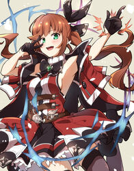  belt black_gloves black_thighhighs bow breasts brown_hair clarisse_(granblue_fantasy) commentary_request cowboy_shot female gloves granblue_fantasy green_eyes hair_ornament highres kagari_liroi long_hair medium_breasts open_mouth sideboob skirt smile solo thighhighs twintails v 