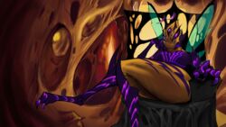  artblush arthropod bioluminescence female frown glowing hi_res holding_head hymenopteran insects kai&#039;sa_(lol) league_of_legends multi_eye queen riot_games royalty sitting solo tencent thick_thighs wasp 