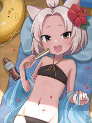  absurdres alternate_costume animal_ears azur_lane bare_arms bare_shoulders beach beach_towel bikini black_bikini blanket brown_eyes collarbone commentary_request female flat_chest flower folding_fan forehead fox_ears hair_flower hair_ornament hand_fan highres holding holding_fan innertube looking_at_viewer lying marui_kado navel oerba_yun_fang on_back open_mouth orchid paper_fan parted_bangs sand shadow short_hair shouhou_(azur_lane) smile soda_bottle solo stomach swim_ring swimsuit topknot towel white_hair 