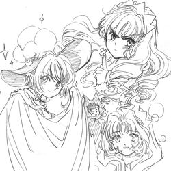  2boys 2girls aurora_(disney) aurora_(disney)_(cosplay) bandaid blush cardcaptor_sakura cosplay crossdressing fukujaku greyscale highres kinomoto_sakura li_syaoran maleficent maleficent_(cosplay) monochrome multiple_boys multiple_girls otoko_no_ko prince princess queen sasaki_rika sleeping_beauty smile tiara white_background yamazaki_takashi 