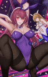  2girls animal_ears armpits artoria_pendragon_(fate) artoria_pendragon_(swimsuit_ruler)_(fate) bare_shoulders black_legwear blonde_hair blush breasts casino cleavage commentary_request cup detached_collar drinking_glass fate/grand_order fate_(series) fishnet_pantyhose fishnets food green_eyes hair_ornament hanada_yanochi high_heels highleg highleg_leotard large_breasts leotard long_hair looking_at_viewer multiple_girls navel necktie neon_lights neon_trim official_alternate_costume open_mouth pantyhose partial_commentary plate playboy_bunny poker_chip pole pole_dancing ponytail purple_hair rabbit_ears red_eyes scathach_(fate) scathach_(piercing_bunny)_(fate) smile spread_legs stripper stripper_pole thigh_gap wine_glass wristband 