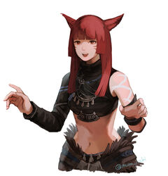  animal_ears arm_tattoo asymmetrical_clothes breasts brown_eyes cat_ears cropped_torso facing_viewer female final_fantasy final_fantasy_xiv hime_cut long_hair medium_breasts midriff miqo&#039;te muraicchi_(momocchi) navel open_mouth red_hair slit_pupils solo tattoo warrior_of_light_(ff14) white_background 