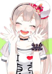  :d absurdres black_choker blush choker closed_eyes colored_tongue elu_(1st_costume)_(nijisanji) elu_(nijisanji) facing_viewer female flower grey_hair hair_flower hair_ornament hairband hands_up head_tilt highres i_heart... kawai_rou miniskirt nijisanji open_mouth pointy_ears round_teeth scrunchie shirt short_sleeves side_ponytail skirt smile solo teeth upper_teeth_only virtual_youtuber white_shirt wrist_scrunchie yellow_tongue 