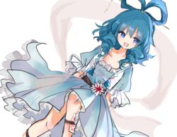  :d blue_dress blue_eyes blue_hair collarbone commentary_request dress drill_hair dutch_angle feet_out_of_frame female flower frills hagoromo hair_ornament hair_rings hair_stick highres kaku_seiga knee_up looking_to_the_side medium_hair ofuda open_mouth petticoat puffy_short_sleeves puffy_sleeves shawl short_sleeves simple_background smile solo touhou vest white_background white_vest zabuton_(mgdw5574) 