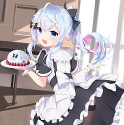  :d absurdres ahoge apron bell black_bow black_dress blue_eyes blue_hair blush bow brown_pantyhose chiriri_(kagura_nana) commentary_request dress female food frilled_apron frilled_dress frills fruit fuyuki030 hair_bell hair_between_eyes hair_ornament hairbow highres holding holding_tray indie_virtual_youtuber indoors jingle_bell kagura_nana leaning_forward long_hair looking_at_viewer looking_back multicolored_hair nail_polish oerba_yun_fang open_mouth pantyhose pink_hair pink_nails ponytail shirt short_sleeves smile solo strawberry sweat thighband_pantyhose tray two-tone_hair virtual_youtuber white_apron white_bow white_shirt wrist_cuffs 