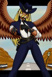  2:3 5_fingers accipitrid accipitriform angelfs anthro avian beak belt bird blonde_hair bullet clothing cowboy_hat cowgirl_outfit feathered_wings feathers female fingers gun hair handgun hat headgear headwear hi_res hill necktie ranged_weapon revolver road road_sign solo weapon wild_west wings 