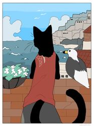  2021 ambient_bird ambient_flier ambient_silhouette ambiguous_gender anthro avian bird black_body clothed clothing domestic_cat duo_focus felid feline felis feral group hi_res mammal silhouette tail urushi_(yorozumaru) whiskers yorozumaru 