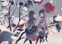  2girls black_hair camellia expressionless flower highres japanese_clothes kimono leaf long_hair long_sleeves medium_hair mini_person minigirl multiple_girls obi original plant red_flower sash sitting sitting_on_branch snow wide_shot wide_sleeves winter yoggi_(stretchmen) 