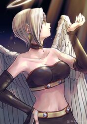  angel angel_wings bandeau bare_shoulders black_choker black_gloves black_skirt breasts bridal_gauntlets choker collarbone commentary_request crop_top dragon_quest dragon_quest_ix earrings elbow_gloves female gloves green_eyes grey_hair halo highres hoop_earrings jewelry medium_breasts midriff navel pekuchin_(pekuchin_3) raviel ring short_hair skirt solo strapless tube_top twitter_username white_wings wings 