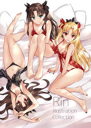  3girls alternate_costume arms_up asle babydoll bare_arms bare_legs bare_shoulders barefoot bed_sheet black_nails black_panties black_ribbon blonde_hair blue_eyes blush breasts brown_hair chinese_commentary cleavage collarbone commentary_request cover cover_page ereshkigal_(fate) fate/grand_order fate/stay_night fate_(series) feet hair_ribbon hugging_own_legs ishtar_(fate) knees_up legs long_hair long_legs looking_at_viewer lying medium_breasts multiple_girls nail_polish navel on_back panties parted_bangs photoshop_(medium) pillow red_eyes red_panties red_ribbon ribbon sitting smile tiara toenail_polish toenails toes tohsaka_rin two_side_up underwear upside-down very_long_hair yokozuwari 