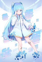  absurdres bad_id bad_pixiv_id bandaid blue_eyes blue_hair blush commentary female frown hair_ornament highres indie_virtual_youtuber jacket lebring long_hair looking_at_viewer one_eye_closed photoshop_(medium) solo somunia virtual_youtuber white_jacket zipper 