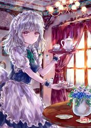  absurdres apron blue_dress blue_flower braid breasts cake cake_slice chandelier commentary_request cup dress expressionless female flower food frilled_cuffs fruit green_neckwear green_ribbons grey_hair highres holding holding_plate holding_tray indoors izayoi_sakuya looking_at_viewer maid maid_apron maid_headdress medium_breasts medium_hair neck_ribbon parted_lips plant plate potted_plant puffy_short_sleeves puffy_sleeves red_curtains red_eyes ribbon short_sleeves single_braid solo standing strawberry suzushina table teacup teapot touhou tray window 