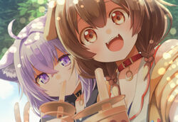  2girls :3 :d ahoge animal_collar animal_ears braid brown_eyes brown_hair bubble_tea cat_ears collar commentary_request dog_ears drinking drinking_straw highres hololive inugami_korone inugami_korone_(1st_costume) long_hair looking_at_viewer multiple_girls nekomata_okayu nekomata_okayu_(1st_costume) open_mouth ponono purple_eyes purple_hair smile twin_braids upper_body v virtual_youtuber 