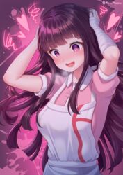  apron artist_name bandaged_arm bandages bangs blush commentary_request crazy_eyes danganronpa eyebrows_visible_through_hair female heart highres long_hair mole mole_under_eye nabekokoa nurse open_mouth purple_eyes purple_hair saliva solo super_danganronpa_2 tsumiki_mikan 