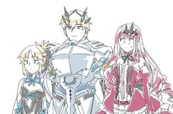  1boy 2girls armor baobhan_sith_(fate) baobhan_sith_(first_ascension)_(fate) barghest_(fate) barghest_(fate)_(cosplay) barghest_(first_ascension)_(fate) blank_stare blonde_hair bow cosplay dress fate/grand_order fate_(series) gawain_(fate) mordred_(fate) mordred_(fate/apocrypha) morgan_le_fay_(fate) morgan_le_fay_(fate)_(cosplay) multiple_girls pe6n1 pink_hair pointy_ears ponytail red_dress smile sweat white_background 